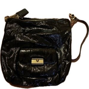 Coach black patent leather brass hardware, crossbody bag vintage strap hangs 18”